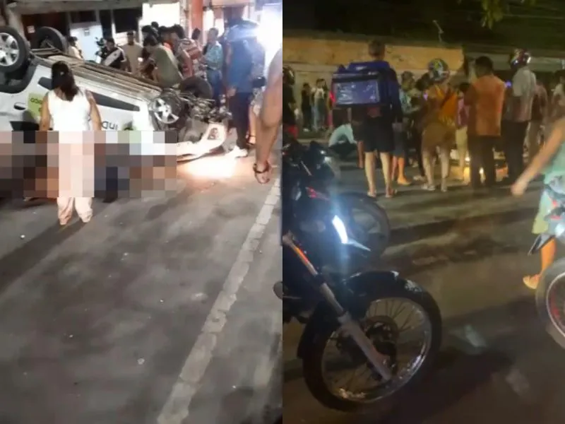 Carro capota e casal é arremessado na Avenida Hilário Gurjão